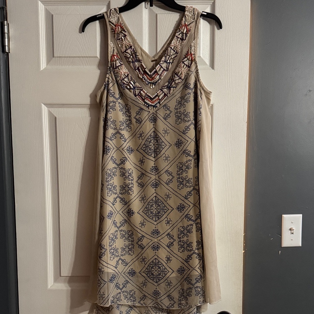 Free People Beige and Blue Embroidered Mini Dress